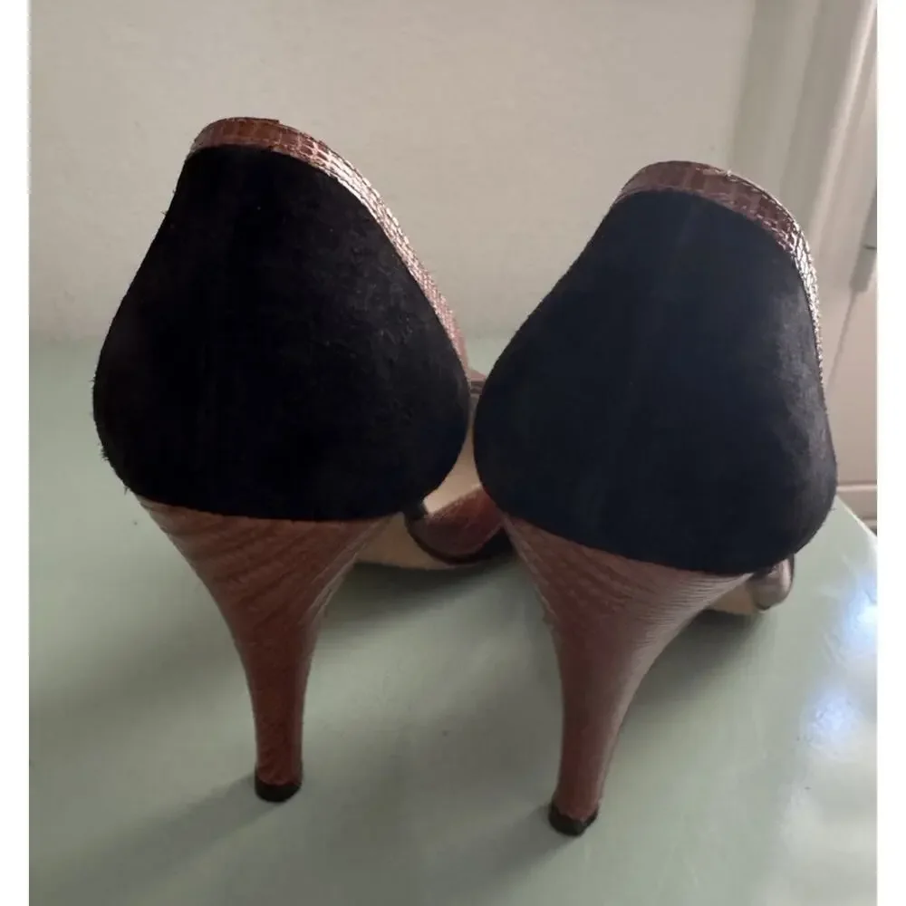 Vintage 90s Cleo Bottier Brown Alligator Black Suede Pumps Italy EU‎ 37 US 6.5